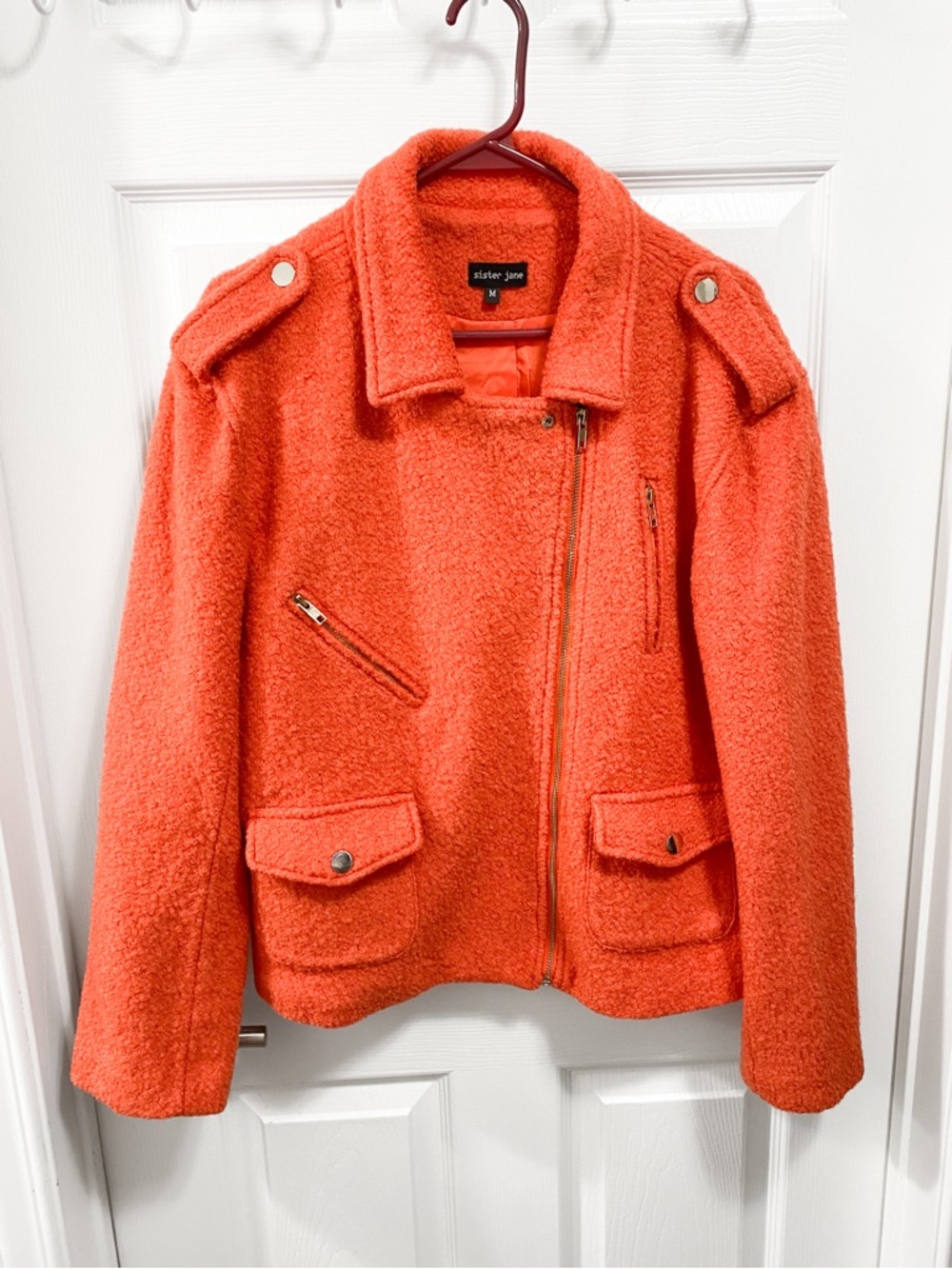 Sister Jane Orange Textured Wool-Blend Moto Jacket